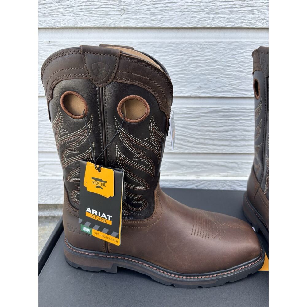 Ariat Groundwork Steel Toe Mens Sz 9.5 D Bitter Brown Wide Square Toe Work Boots - Picture 3 of 8